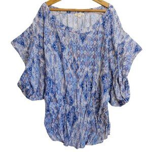 Women's Boho Ikat Print Tunic Top Size XXL 2XL Blue Short Sleeve Kindom Viscose